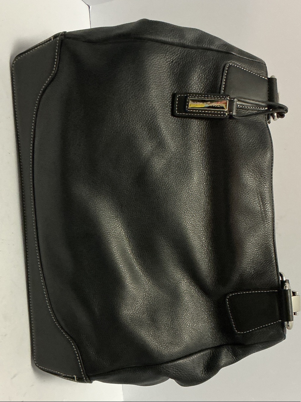 ANTONIO MELANI Black Leather Messenger Bag with Contrast Stitching
